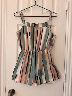 Sleeveless Striped Romper in Sage, Pink & White